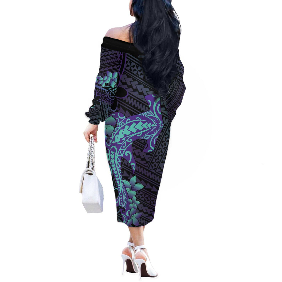 Purple Paradise Hawaii Off The Shoulder Long Sleeve Dress Hammerhead Shark Tattoo Curve Polynesian LT14 - Polynesian Pride