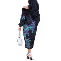 Purple Paradise Hawaii Off The Shoulder Long Sleeve Dress Hammerhead Shark Tattoo Curve Polynesian LT14 - Polynesian Pride