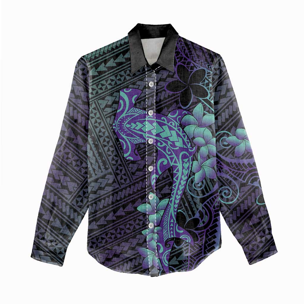 Purple Paradise Hawaii Women Casual Shirt Hammerhead Shark Tattoo Curve Polynesian - Polynesian Pride