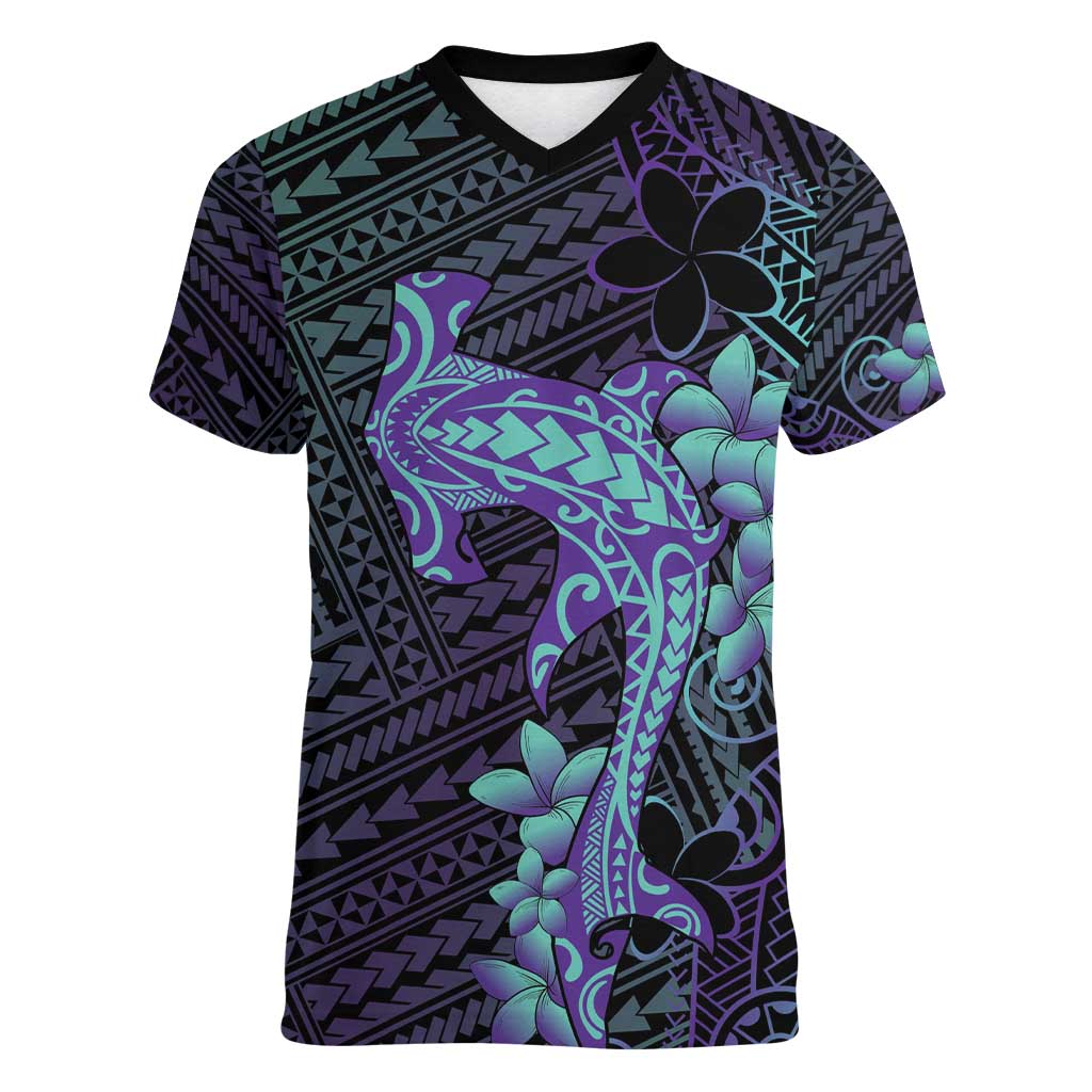 Purple Paradise Hawaii Women V-Neck T-Shirt Hammerhead Shark Tattoo Curve Polynesian LT14 Female Purple - Polynesian Pride