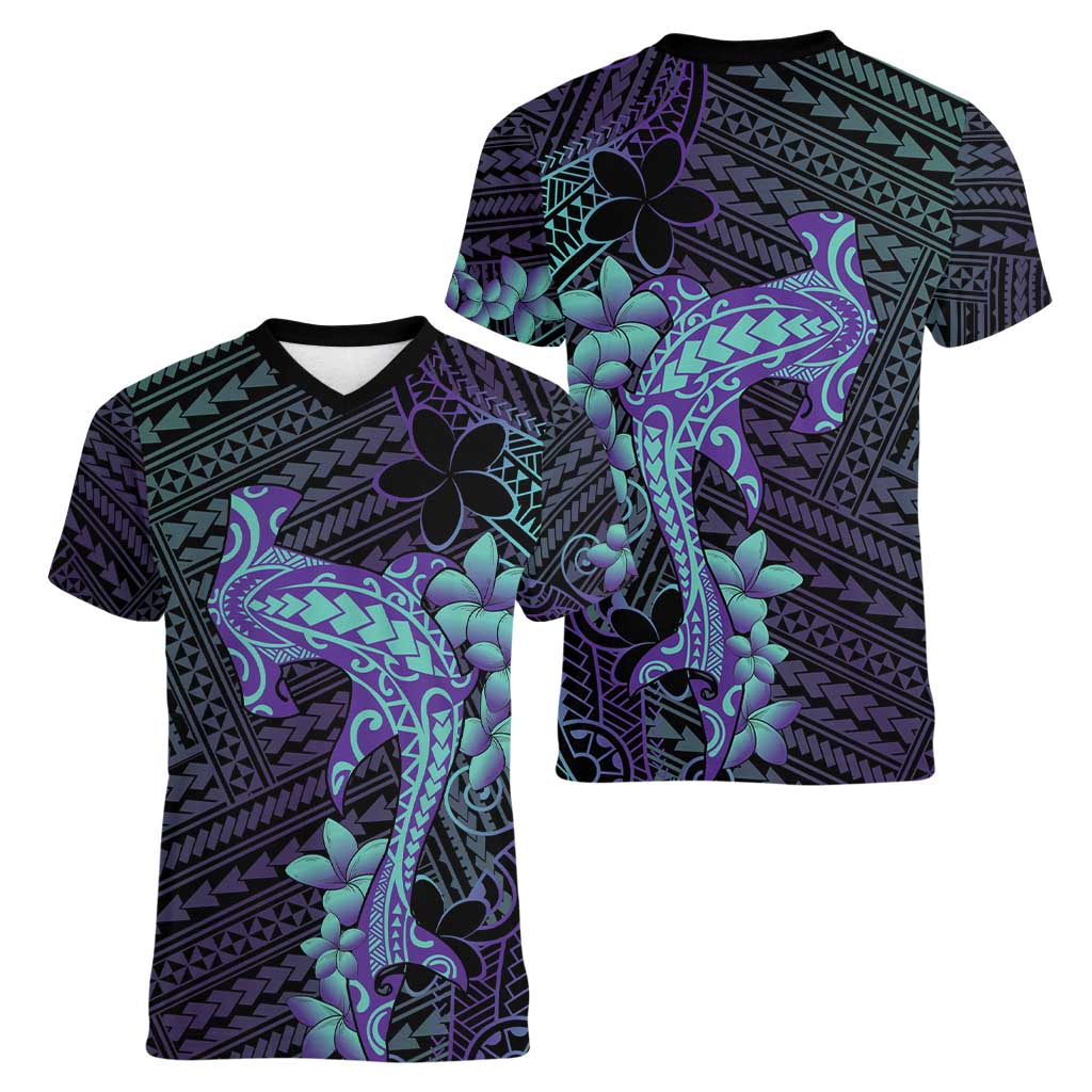 Purple Paradise Hawaii Women V-Neck T-Shirt Hammerhead Shark Tattoo Curve Polynesian LT14 - Polynesian Pride