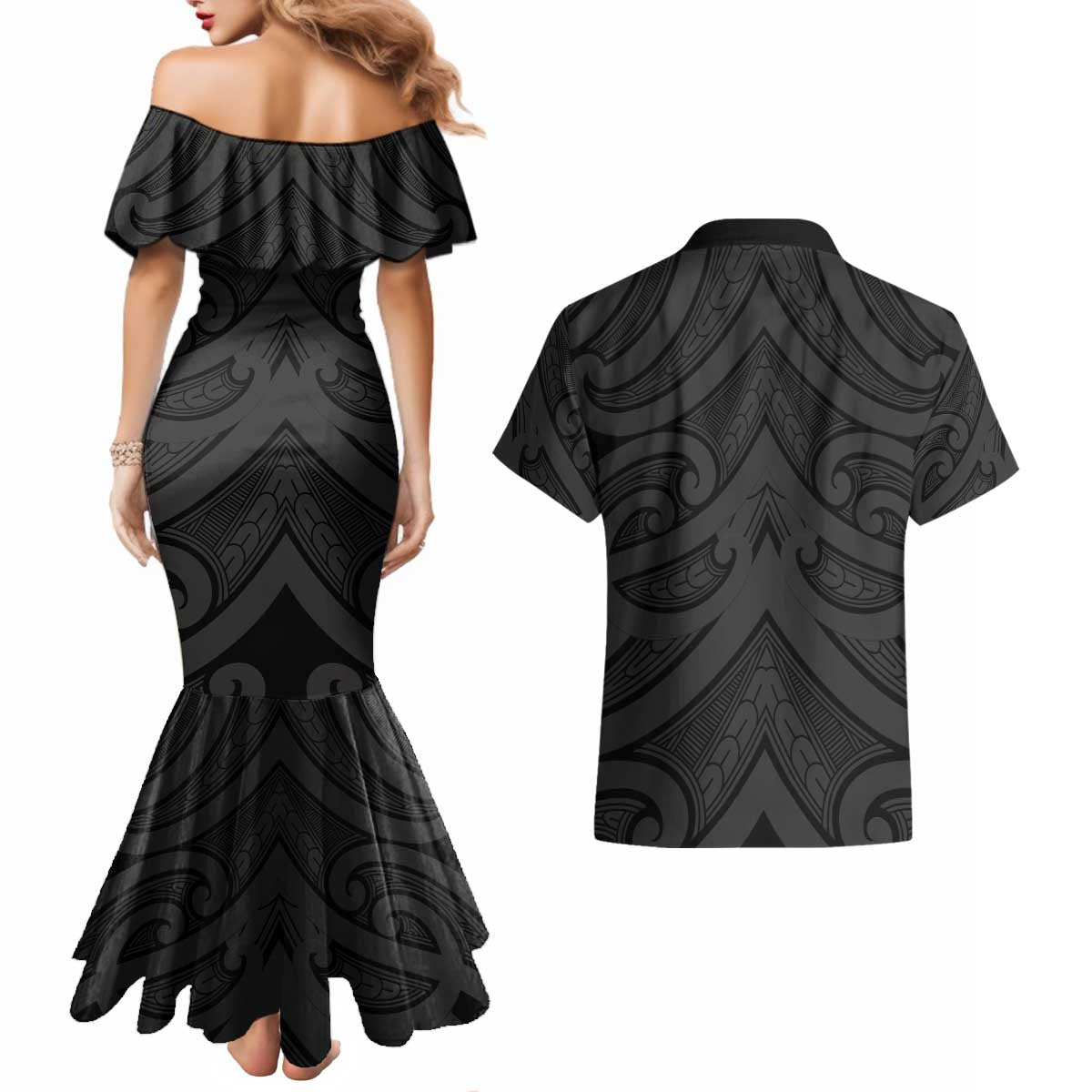 Poutama Korowai New Zealand Couples Matching Mermaid Dress and Hawaiian Shirt Aotearoa Maori Tattoo LT14 - Polynesian Pride