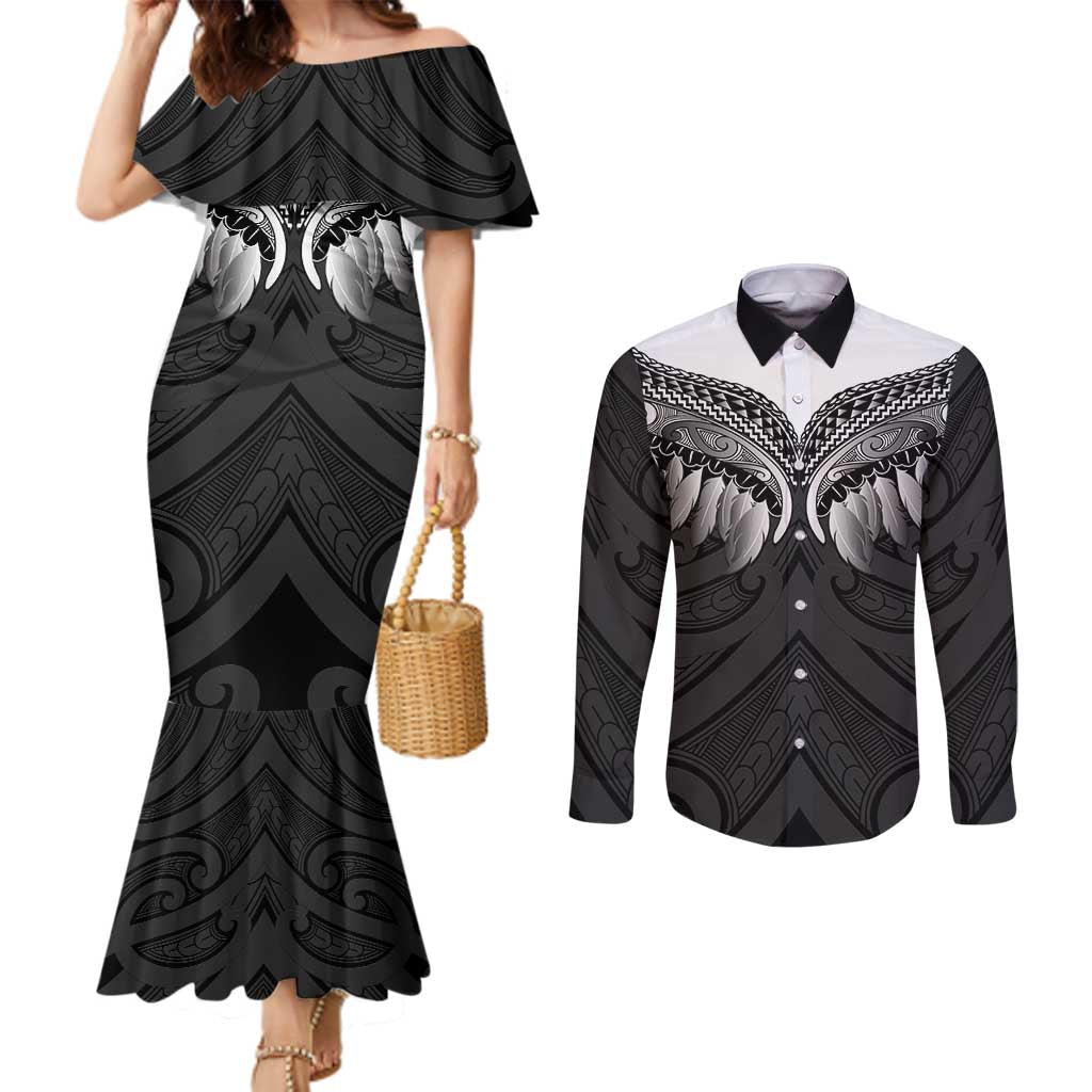 Poutama Korowai New Zealand Couples Matching Mermaid Dress and Long Sleeve Button Shirt Aotearoa Maori Tattoo LT14 Black - Polynesian Pride