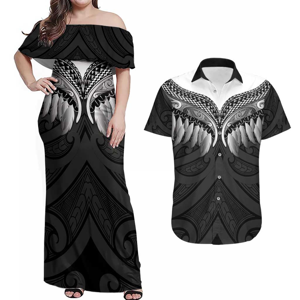 Poutama Korowai New Zealand Couples Matching Off Shoulder Maxi Dress and Hawaiian Shirt Aotearoa Maori Tattoo LT14 Black - Polynesian Pride