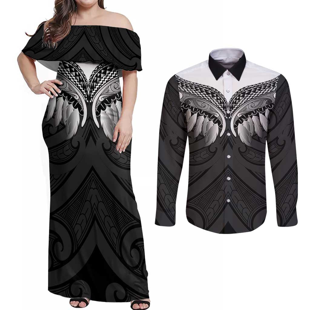 Poutama Korowai New Zealand Couples Matching Off Shoulder Maxi Dress and Long Sleeve Button Shirt Aotearoa Maori Tattoo LT14 Black - Polynesian Pride
