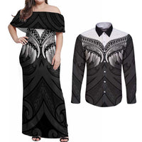 Poutama Korowai New Zealand Couples Matching Off Shoulder Maxi Dress and Long Sleeve Button Shirt Aotearoa Maori Tattoo LT14 Black - Polynesian Pride