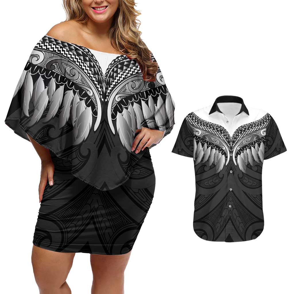 Poutama Korowai New Zealand Couples Matching Off Shoulder Short Dress and Hawaiian Shirt Aotearoa Maori Tattoo LT14 Black - Polynesian Pride