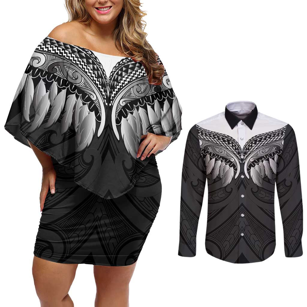 Poutama Korowai New Zealand Couples Matching Off Shoulder Short Dress and Long Sleeve Button Shirt Aotearoa Maori Tattoo LT14 Black - Polynesian Pride
