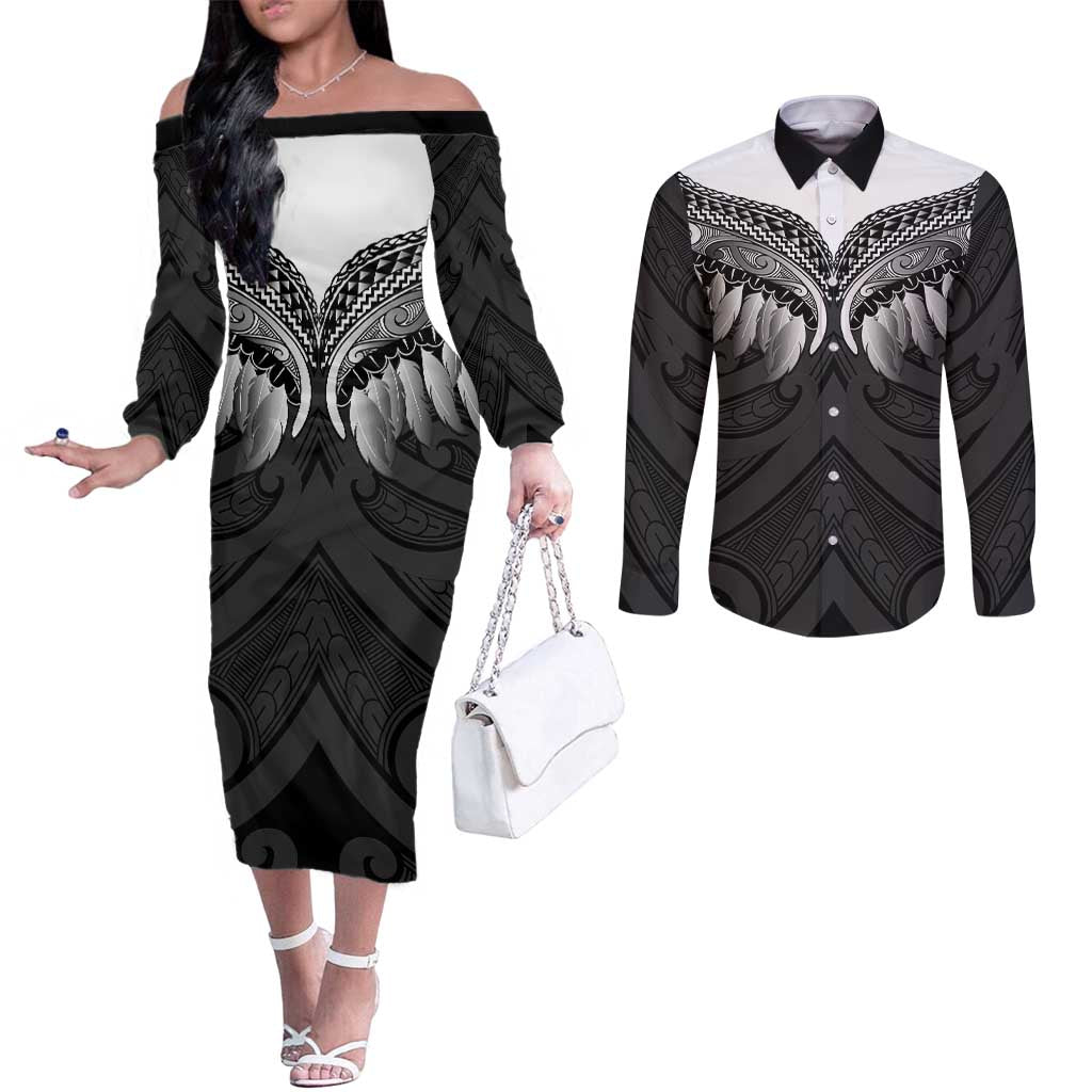 Poutama Korowai New Zealand Couples Matching Off The Shoulder Long Sleeve Dress and Long Sleeve Button Shirt Aotearoa Maori Tattoo LT14 Black - Polynesian Pride