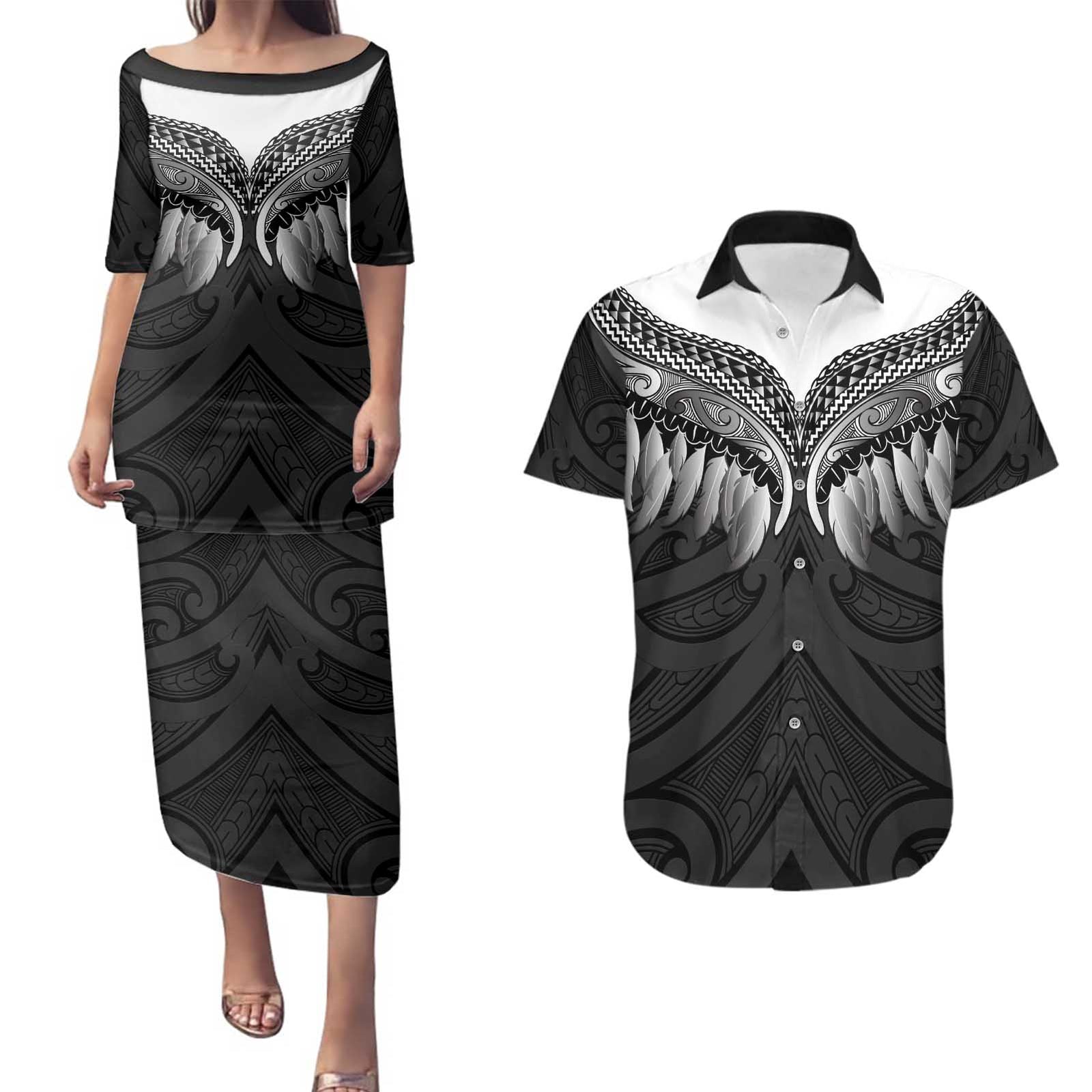 Poutama Korowai New Zealand Couples Matching Puletasi and Hawaiian Shirt Aotearoa Maori Tattoo LT14 Black - Polynesian Pride