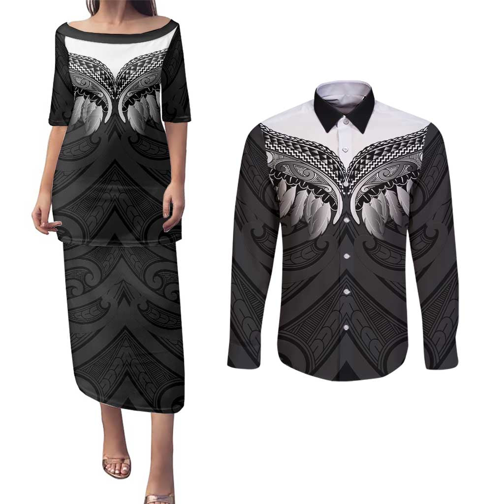 Poutama Korowai New Zealand Couples Matching Puletasi and Long Sleeve Button Shirt Aotearoa Maori Tattoo LT14 Black - Polynesian Pride
