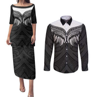Poutama Korowai New Zealand Couples Matching Puletasi and Long Sleeve Button Shirt Aotearoa Maori Tattoo LT14 Black - Polynesian Pride