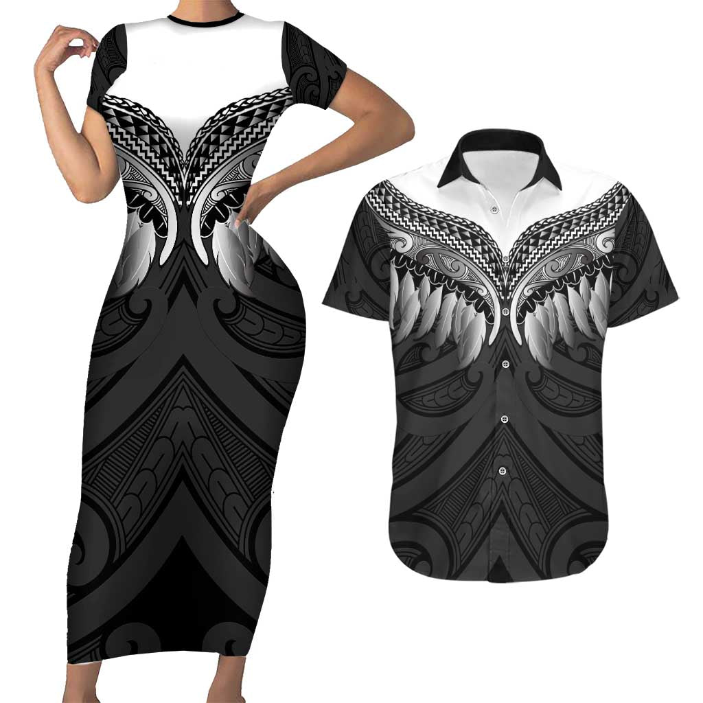 Poutama Korowai New Zealand Couples Matching Short Sleeve Bodycon Dress and Hawaiian Shirt Aotearoa Maori Tattoo LT14 Black - Polynesian Pride