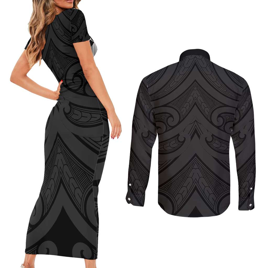 Poutama Korowai New Zealand Couples Matching Short Sleeve Bodycon Dress and Long Sleeve Button Shirt Aotearoa Maori Tattoo LT14 - Polynesian Pride