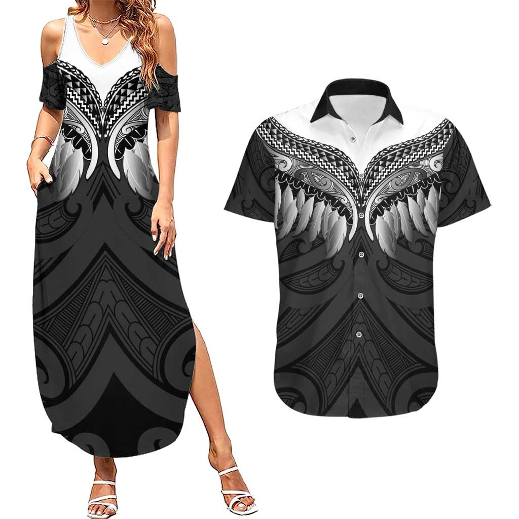 Poutama Korowai New Zealand Couples Matching Summer Maxi Dress and Hawaiian Shirt Aotearoa Maori Tattoo LT14 Black - Polynesian Pride
