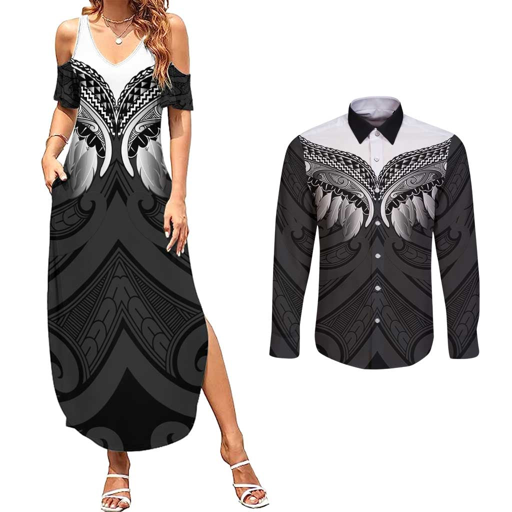 Poutama Korowai New Zealand Couples Matching Summer Maxi Dress and Long Sleeve Button Shirt Aotearoa Maori Tattoo LT14 Black - Polynesian Pride