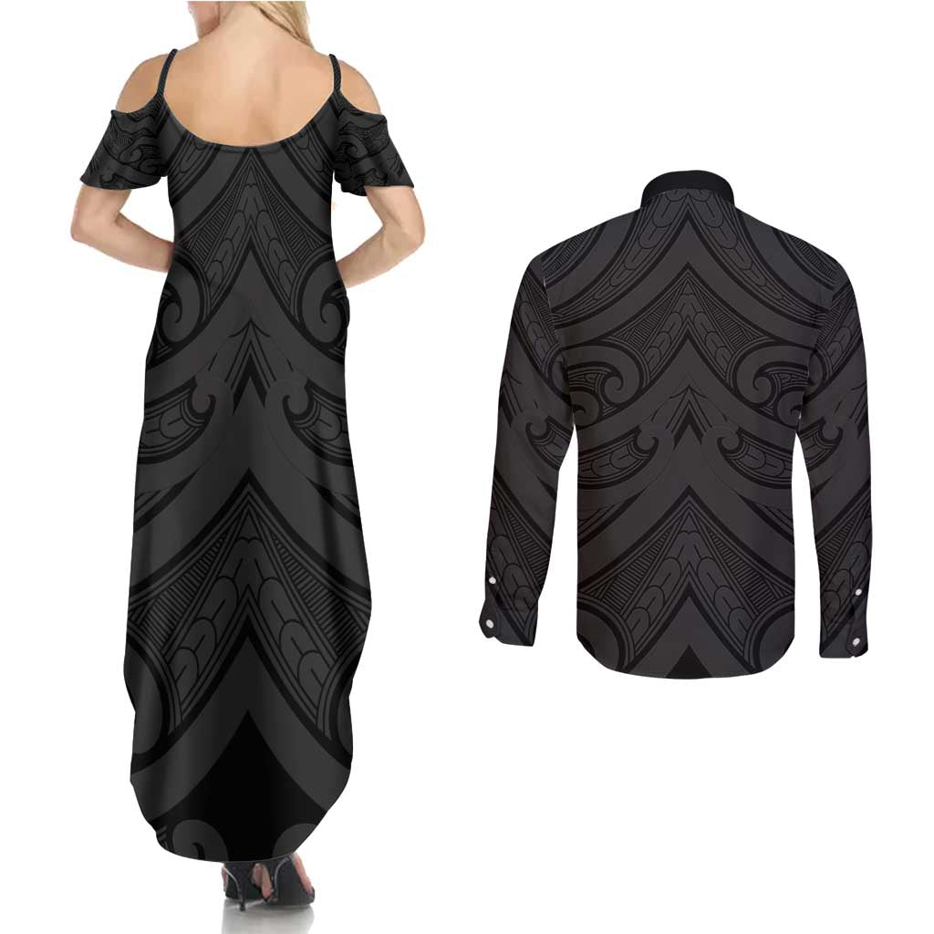 Poutama Korowai New Zealand Couples Matching Summer Maxi Dress and Long Sleeve Button Shirt Aotearoa Maori Tattoo LT14 - Polynesian Pride