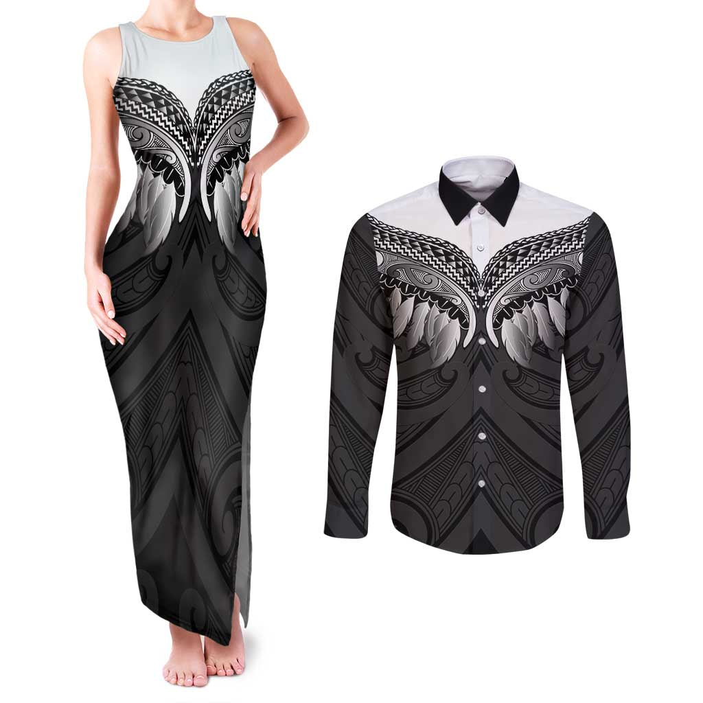 Poutama Korowai New Zealand Couples Matching Tank Maxi Dress and Long Sleeve Button Shirt Aotearoa Maori Tattoo LT14 Black - Polynesian Pride