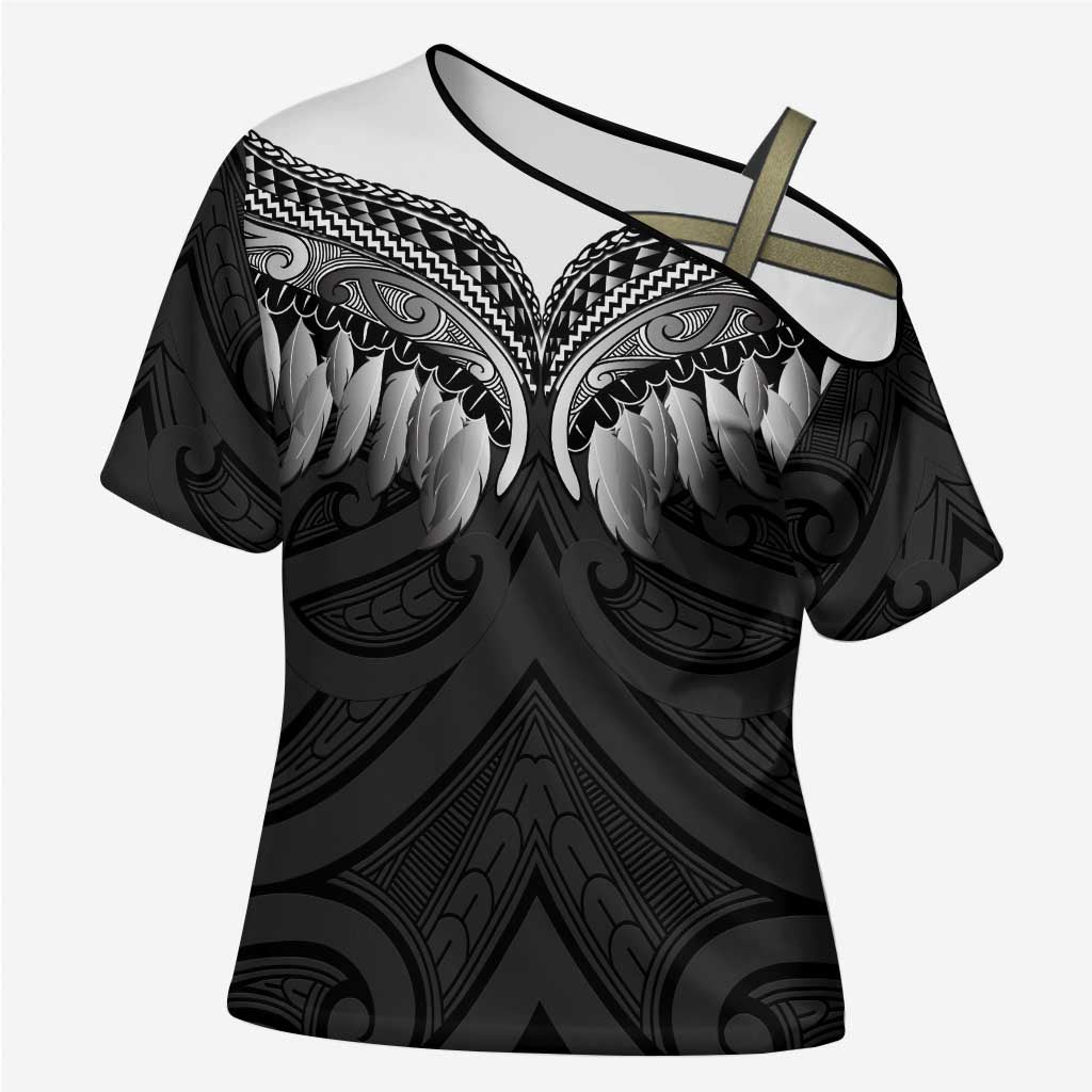 Poutama Korowai New Zealand Cross Shoulder Shirt Aotearoa Maori Tattoo LT14 Female Black - Polynesian Pride