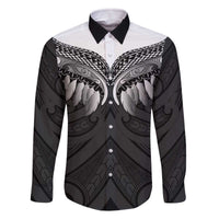Poutama Korowai New Zealand Family Matching Off The Shoulder Long Sleeve Dress and Hawaiian Shirt Aotearoa Maori Tattoo LT14 Dad's Shirt - Long Sleeve Black - Polynesian Pride