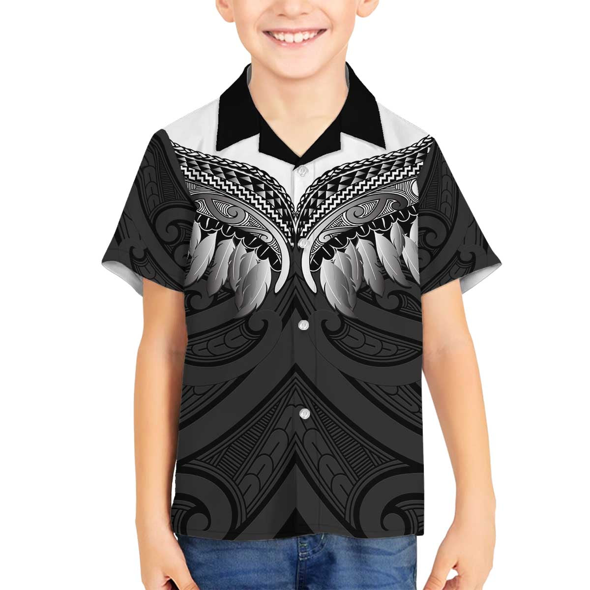 Poutama Korowai New Zealand Family Matching Off The Shoulder Long Sleeve Dress and Hawaiian Shirt Aotearoa Maori Tattoo LT14 Son's Shirt Black - Polynesian Pride