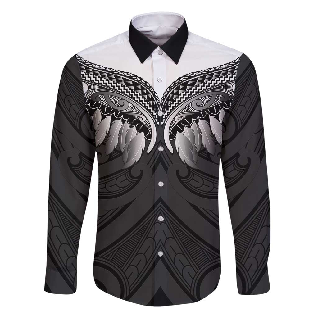 Poutama Korowai New Zealand Family Matching Off Shoulder Short Dress and Hawaiian Shirt Aotearoa Maori Tattoo LT14 Dad's Shirt - Long Sleeve Black - Polynesian Pride