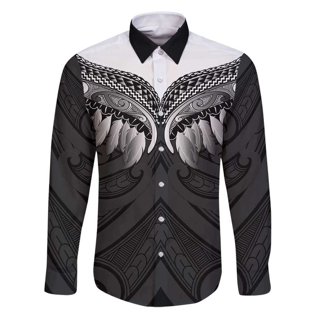 Poutama Korowai New Zealand Family Matching Puletasi and Hawaiian Shirt Aotearoa Maori Tattoo LT14 Dad's Shirt - Long Sleeve Black - Polynesian Pride