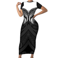 Poutama Korowai New Zealand Family Matching Short Sleeve Bodycon Dress and Hawaiian Shirt Aotearoa Maori Tattoo LT14 Mom's Dress Black - Polynesian Pride