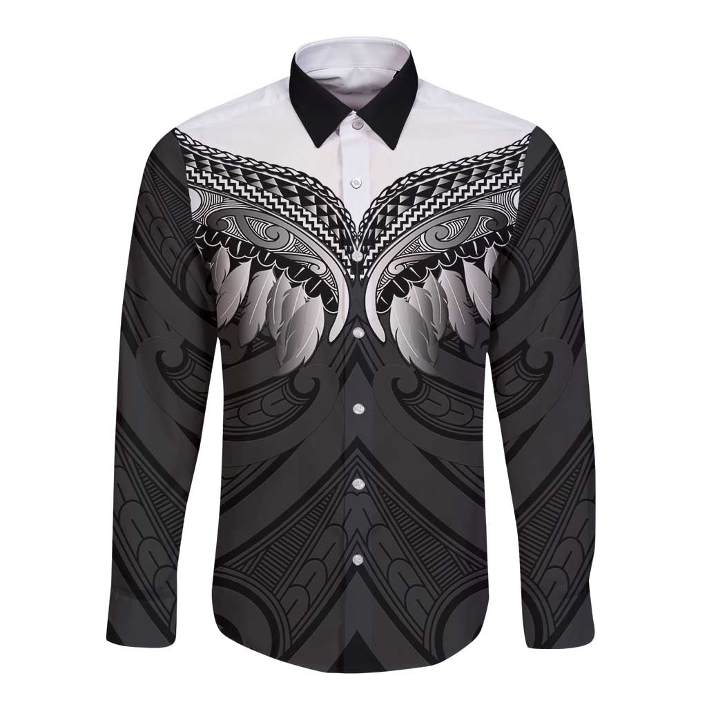Poutama Korowai New Zealand Long Sleeve Button Shirt Aotearoa Maori Tattoo LT14 Unisex Black - Polynesian Pride