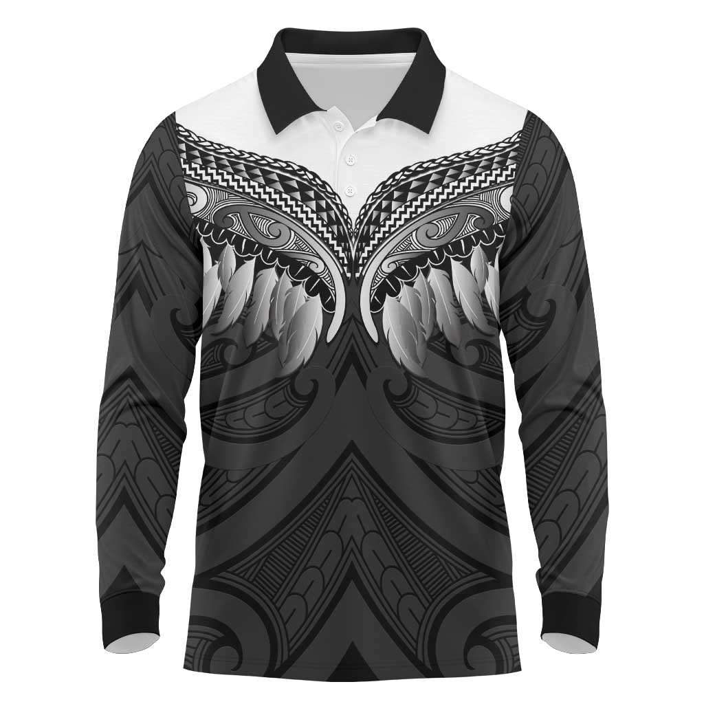 Poutama Korowai New Zealand Long Sleeve Polo Shirt Aotearoa Maori Tattoo LT14 Black - Polynesian Pride