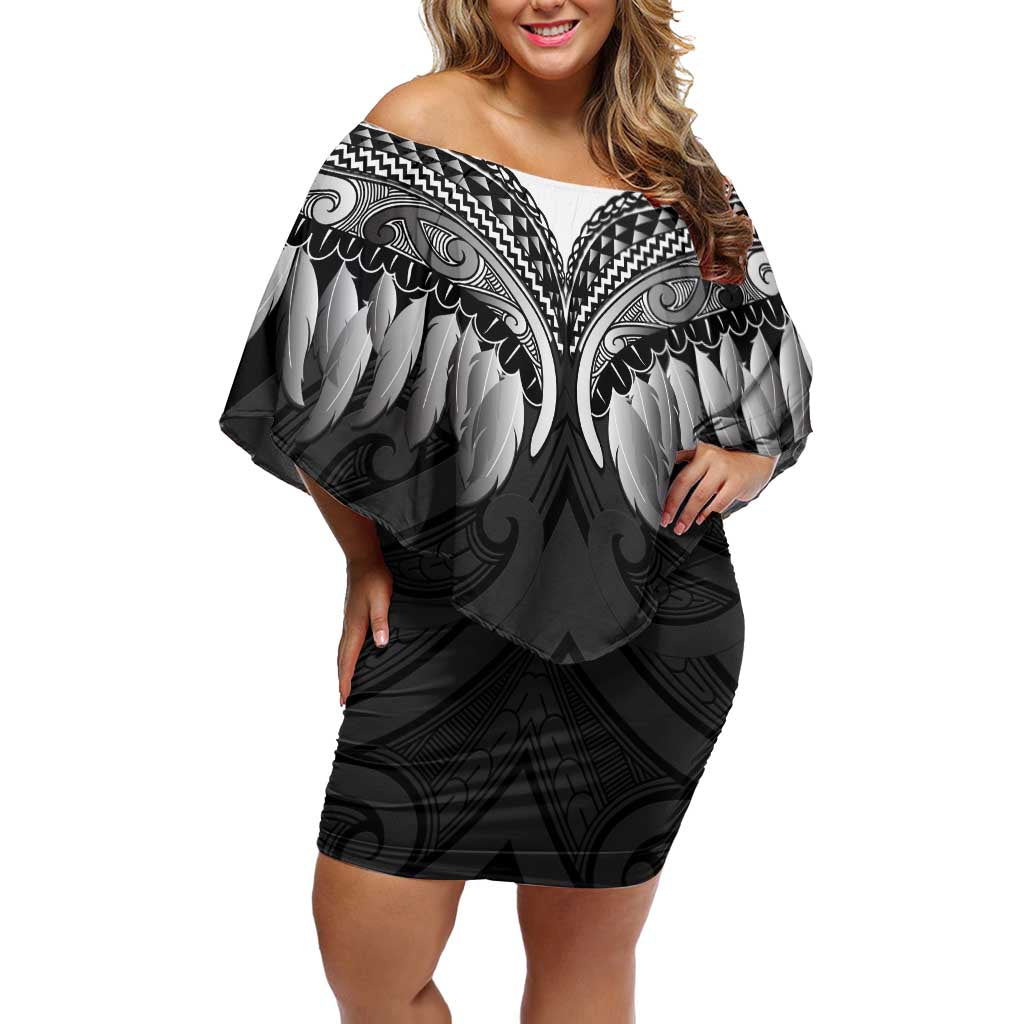 Poutama Korowai New Zealand Off Shoulder Short Dress Aotearoa Maori Tattoo LT14 Women Black - Polynesian Pride