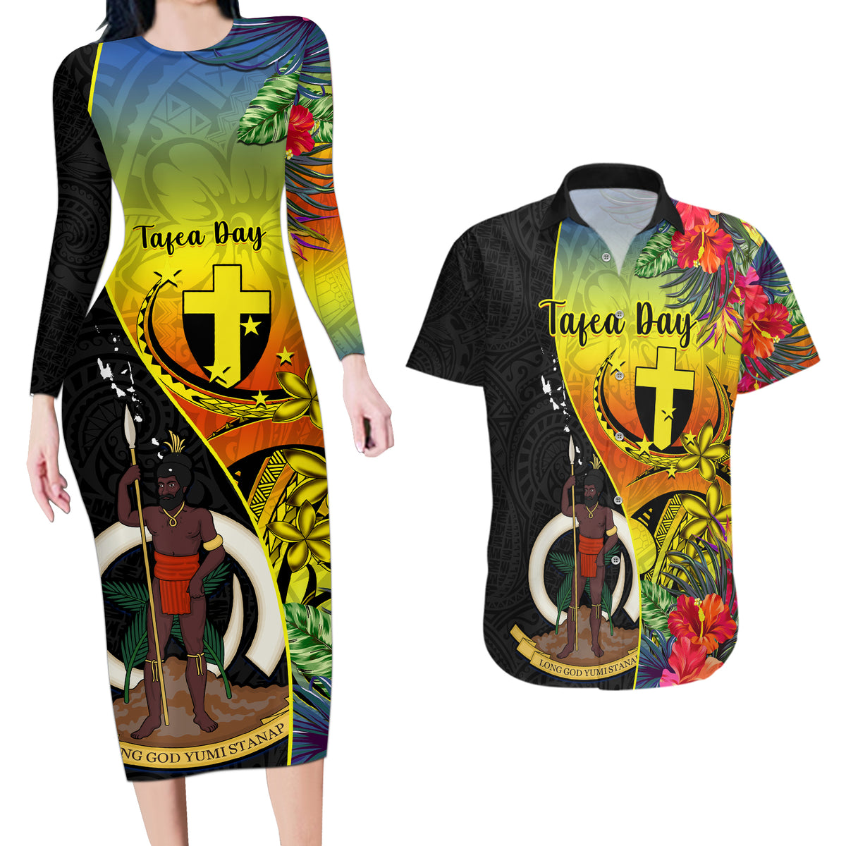 Vanuatu Tafea Day Couples Matching Long Sleeve Bodycon Dress and Hawaiian Shirt Coat Of Arms Mix Tropical Flowers LT14 Black - Polynesian Pride