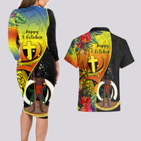 Vanuatu Tafea Day Couples Matching Long Sleeve Bodycon Dress and Hawaiian Shirt Coat Of Arms Mix Tropical Flowers LT14 - Polynesian Pride