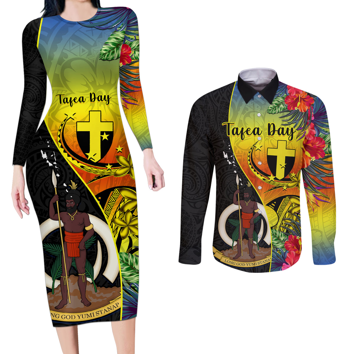 Vanuatu Tafea Day Couples Matching Long Sleeve Bodycon Dress and Long Sleeve Button Shirts Coat Of Arms Mix Tropical Flowers LT14 Black - Polynesian Pride