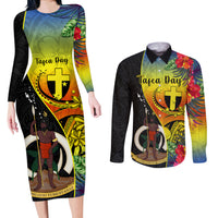Vanuatu Tafea Day Couples Matching Long Sleeve Bodycon Dress and Long Sleeve Button Shirts Coat Of Arms Mix Tropical Flowers LT14 Black - Polynesian Pride