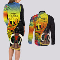 Vanuatu Tafea Day Couples Matching Long Sleeve Bodycon Dress and Long Sleeve Button Shirts Coat Of Arms Mix Tropical Flowers LT14 - Polynesian Pride