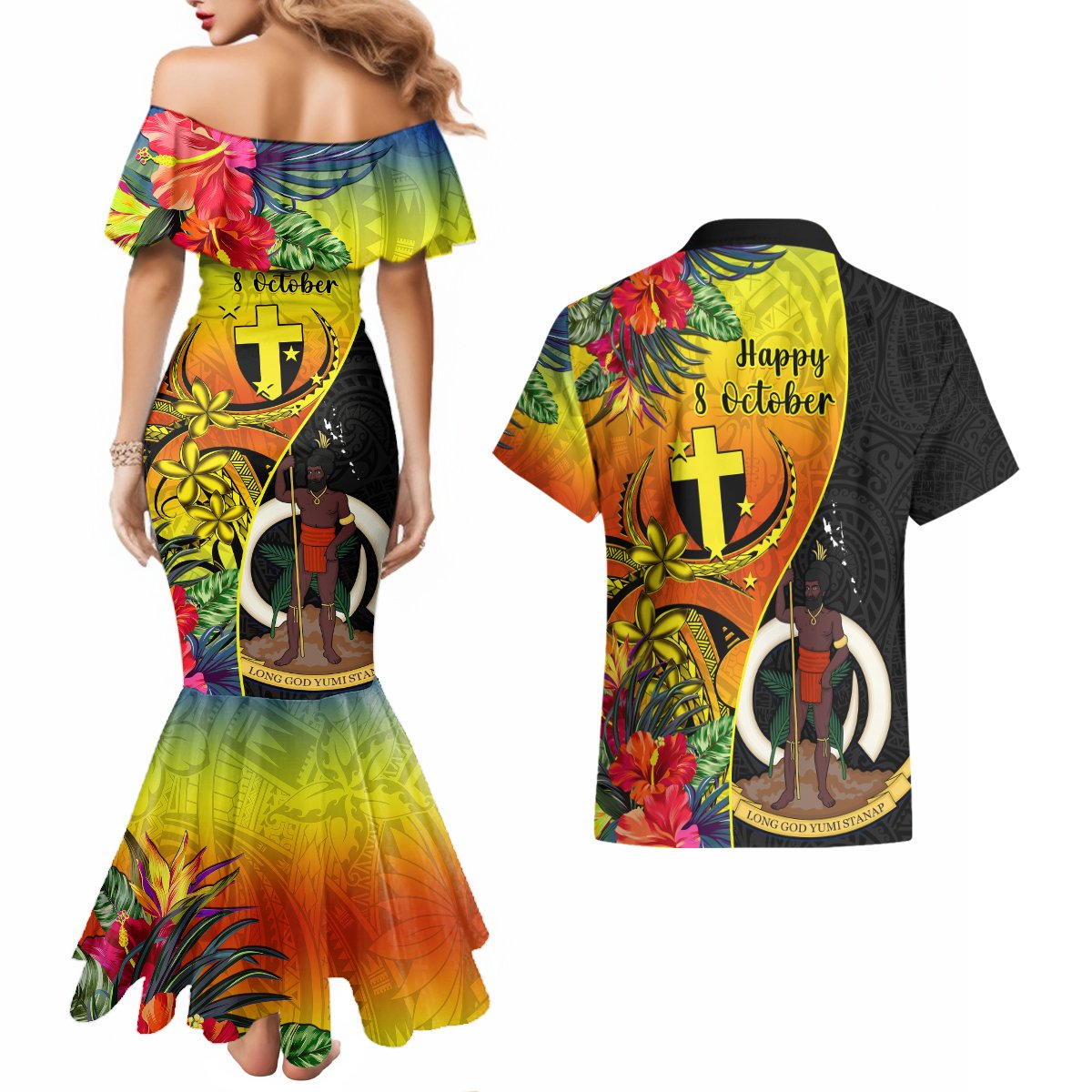 Vanuatu Tafea Day Couples Matching Mermaid Dress and Hawaiian Shirt Coat Of Arms Mix Tropical Flowers LT14 - Polynesian Pride