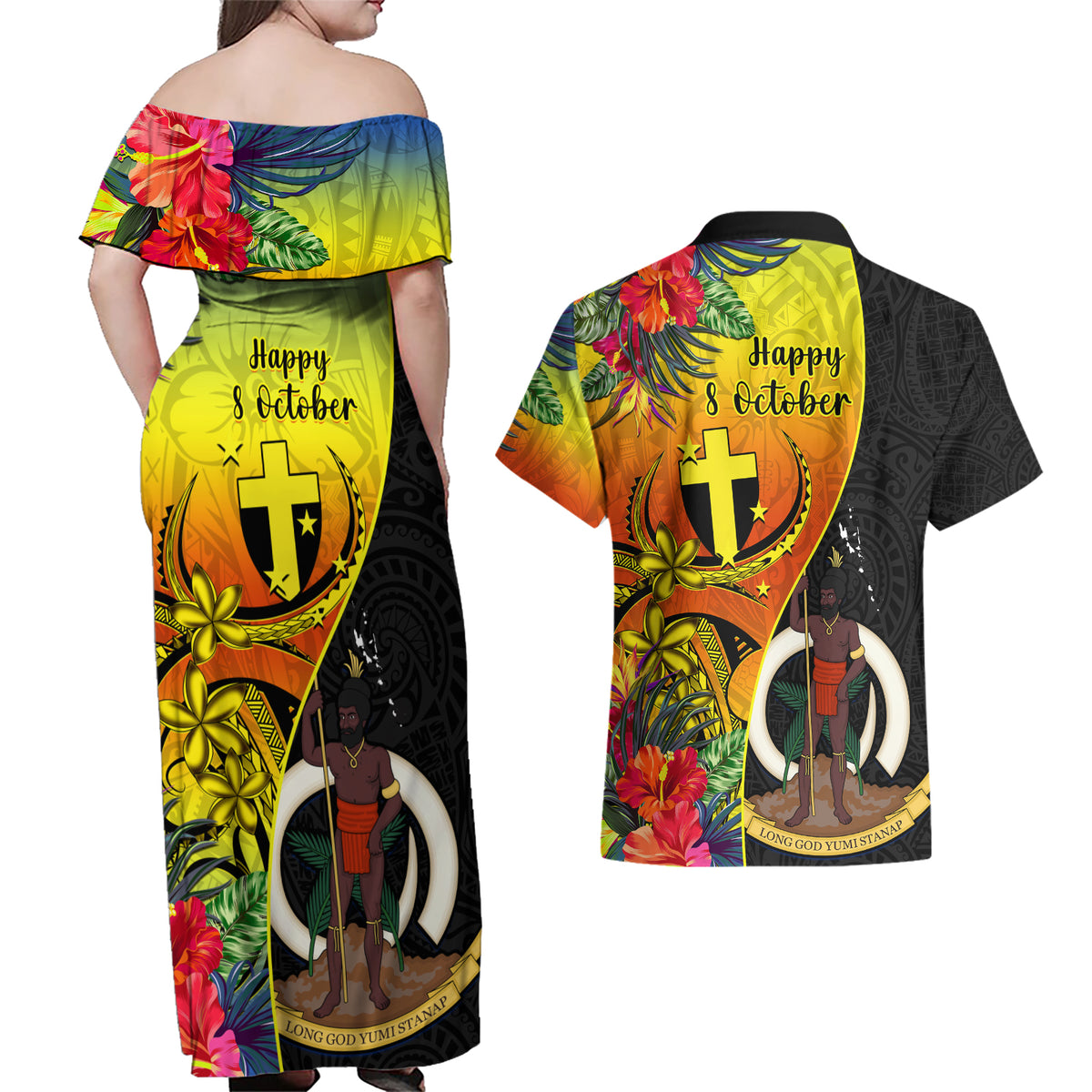 Vanuatu Tafea Day Couples Matching Off Shoulder Maxi Dress and Hawaiian Shirt Coat Of Arms Mix Tropical Flowers LT14 - Polynesian Pride