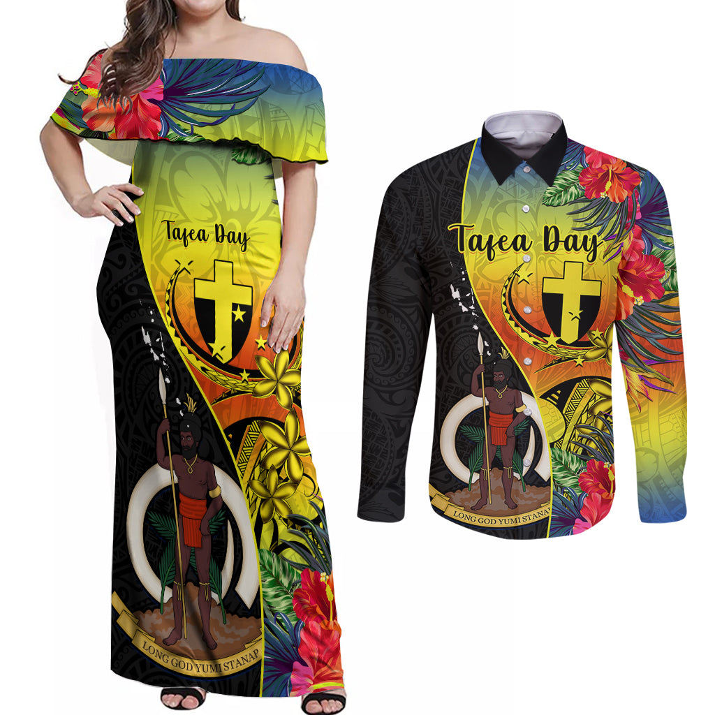 Vanuatu Tafea Day Couples Matching Off Shoulder Maxi Dress and Long Sleeve Button Shirts Coat Of Arms Mix Tropical Flowers LT14 Black - Polynesian Pride