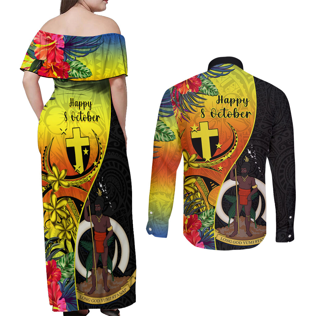 Vanuatu Tafea Day Couples Matching Off Shoulder Maxi Dress and Long Sleeve Button Shirts Coat Of Arms Mix Tropical Flowers LT14 - Polynesian Pride