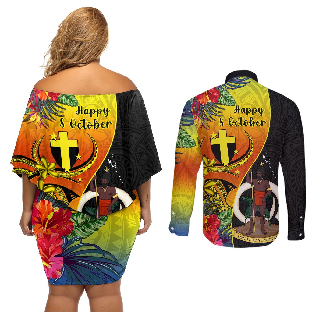 Vanuatu Tafea Day Couples Matching Off Shoulder Short Dress and Long Sleeve Button Shirts Coat Of Arms Mix Tropical Flowers LT14 - Polynesian Pride