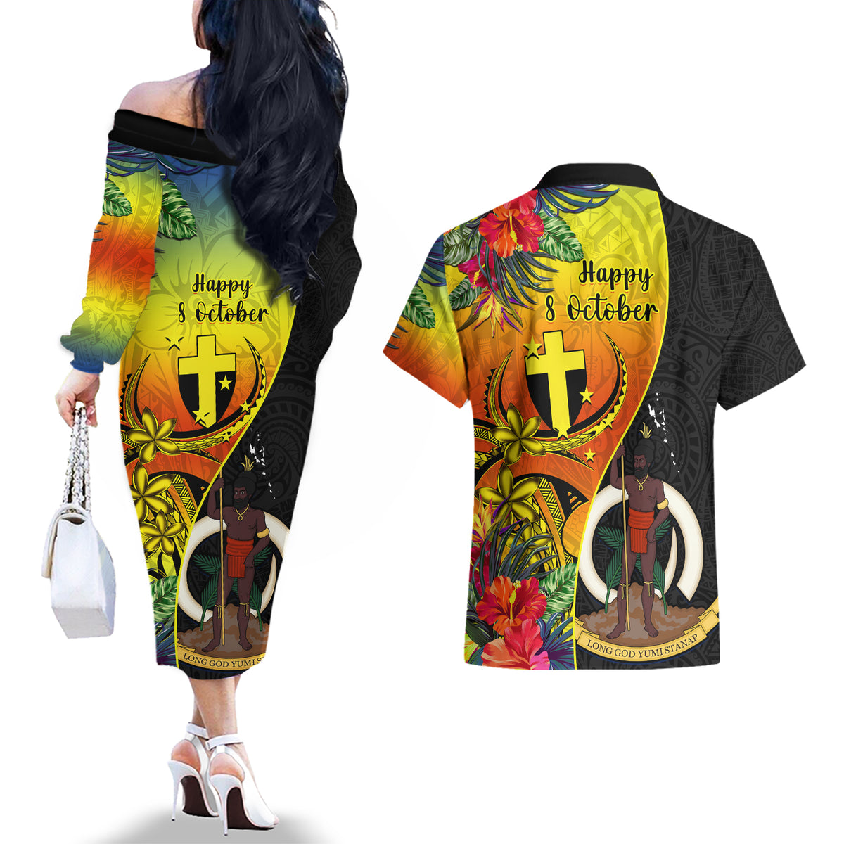 Vanuatu Tafea Day Couples Matching Off The Shoulder Long Sleeve Dress and Hawaiian Shirt Coat Of Arms Mix Tropical Flowers LT14 - Polynesian Pride