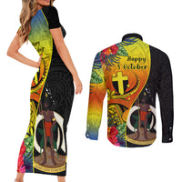 Vanuatu Tafea Day Couples Matching Short Sleeve Bodycon Dress and Long Sleeve Button Shirts Coat Of Arms Mix Tropical Flowers LT14 - Polynesian Pride