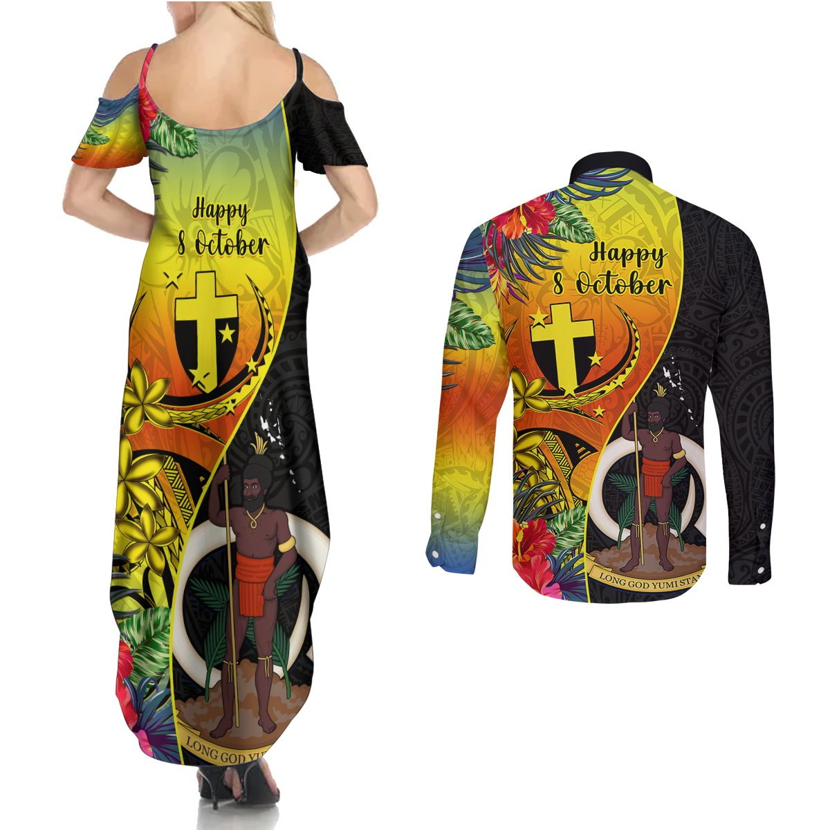 Vanuatu Tafea Day Couples Matching Summer Maxi Dress and Long Sleeve Button Shirts Coat Of Arms Mix Tropical Flowers LT14 - Polynesian Pride