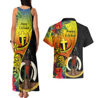 Vanuatu Tafea Day Couples Matching Tank Maxi Dress and Hawaiian Shirt Coat Of Arms Mix Tropical Flowers LT14 - Polynesian Pride