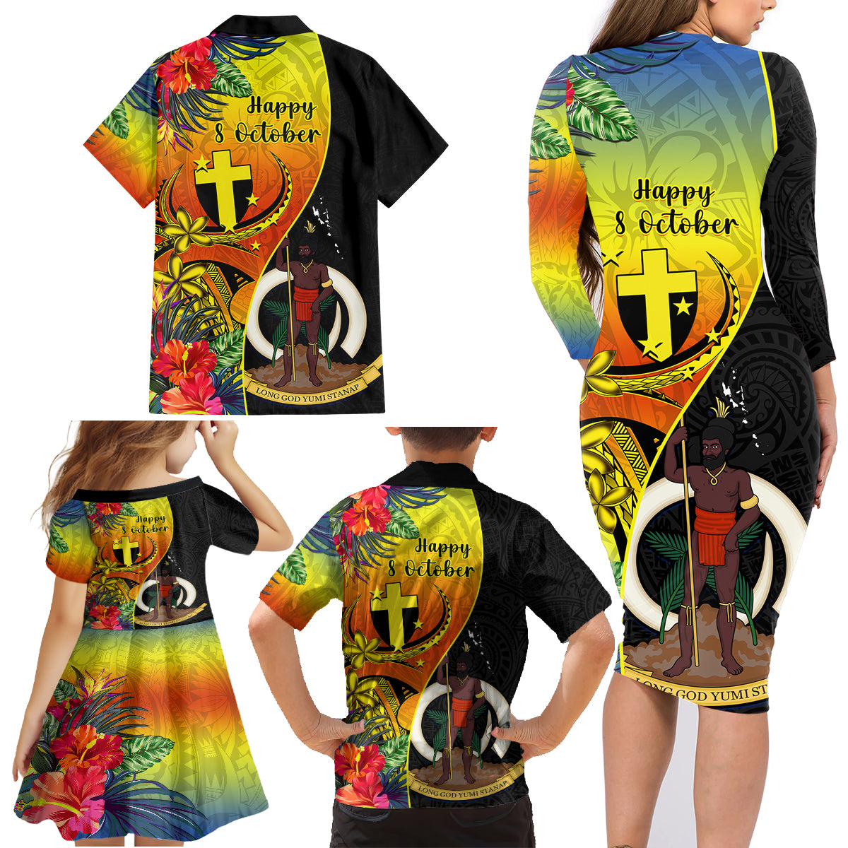 Vanuatu Tafea Day Family Matching Long Sleeve Bodycon Dress and Hawaiian Shirt Coat Of Arms Mix Tropical Flowers LT14 - Polynesian Pride