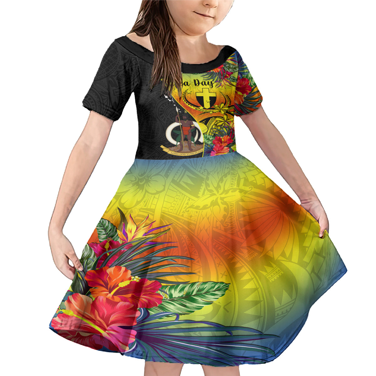 Vanuatu Tafea Day Family Matching Mermaid Dress and Hawaiian Shirt Coat Of Arms Mix Tropical Flowers LT14 Daughter's Dress Black - Polynesian Pride