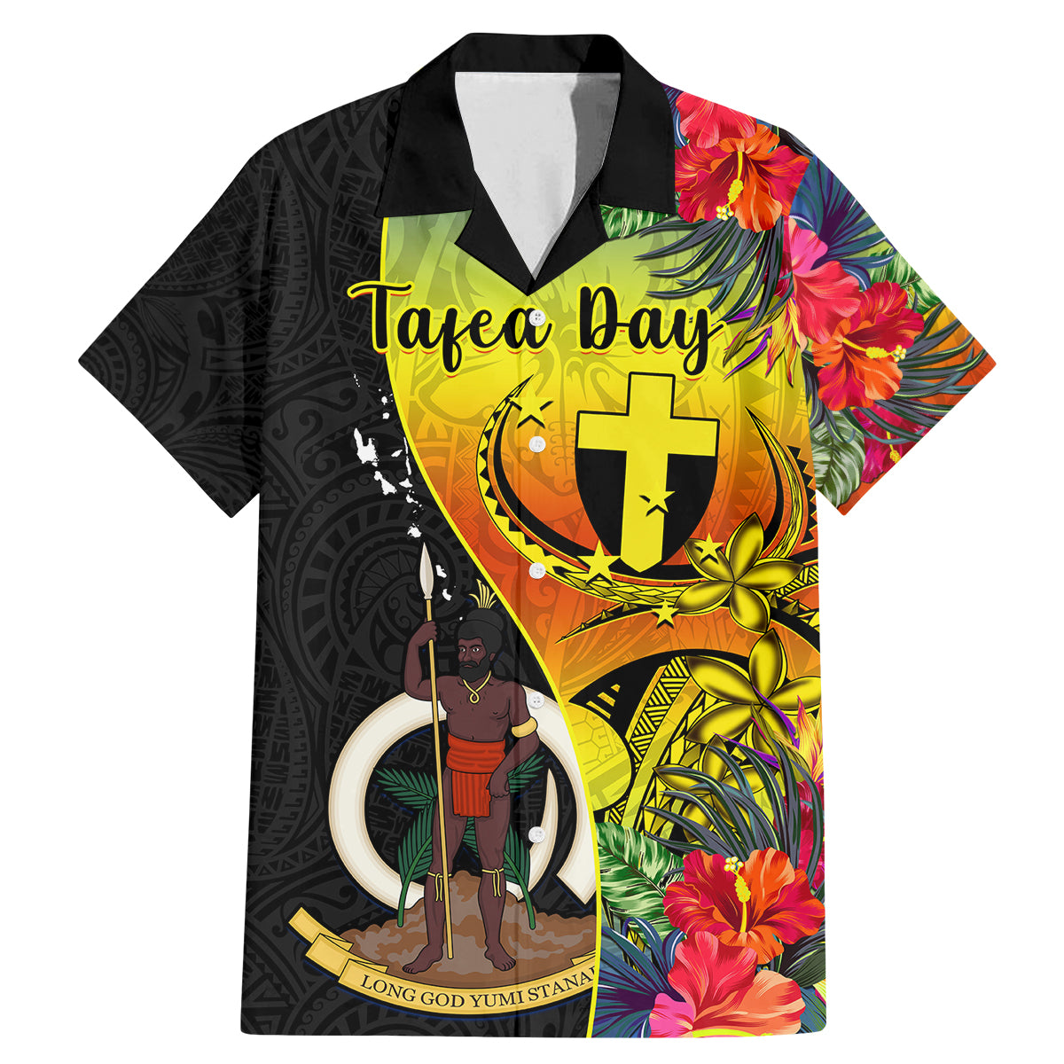 Vanuatu Tafea Day Family Matching Mermaid Dress and Hawaiian Shirt Coat Of Arms Mix Tropical Flowers LT14 Dad's Shirt - Short Sleeve Black - Polynesian Pride