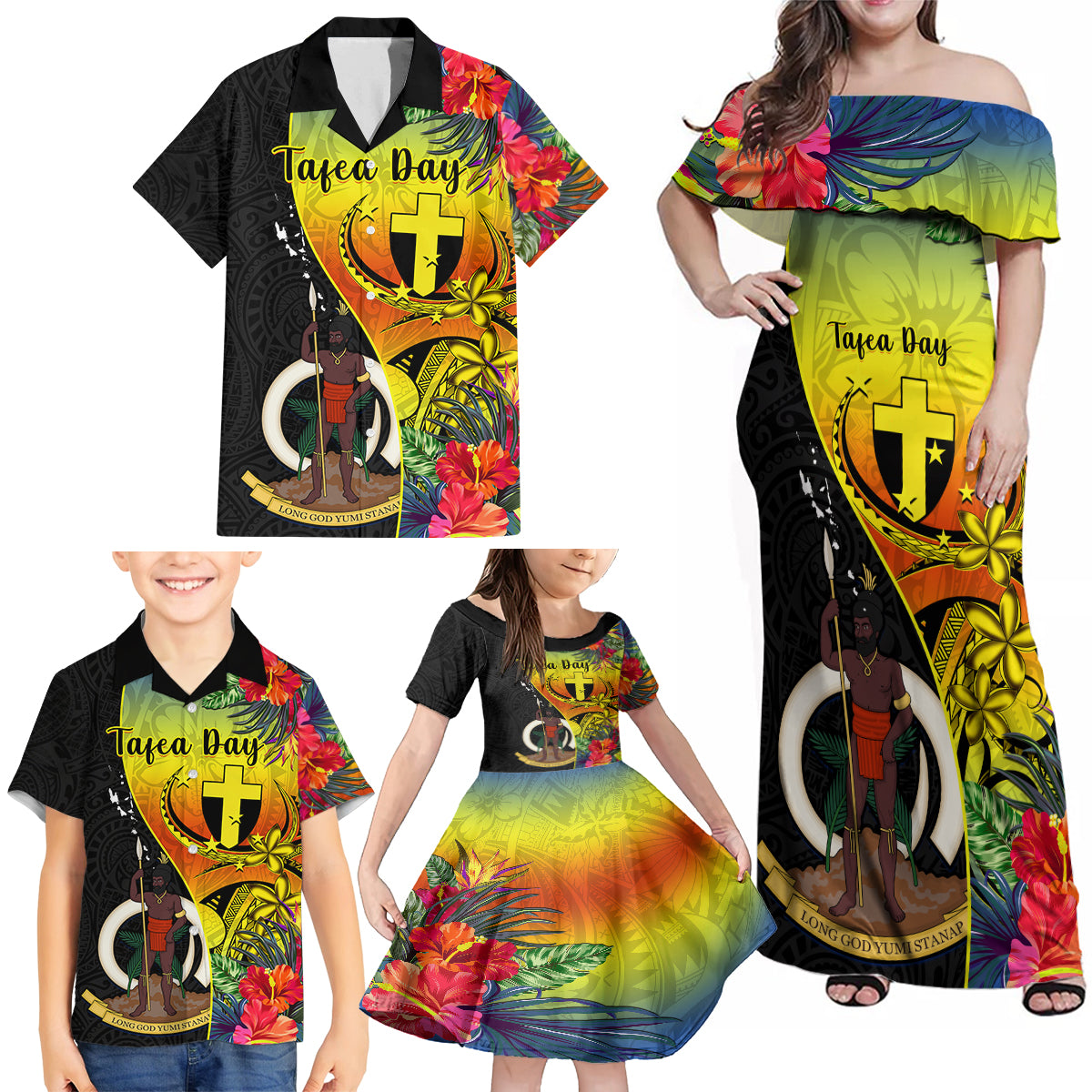 Vanuatu Tafea Day Family Matching Off Shoulder Maxi Dress and Hawaiian Shirt Coat Of Arms Mix Tropical Flowers LT14 - Polynesian Pride