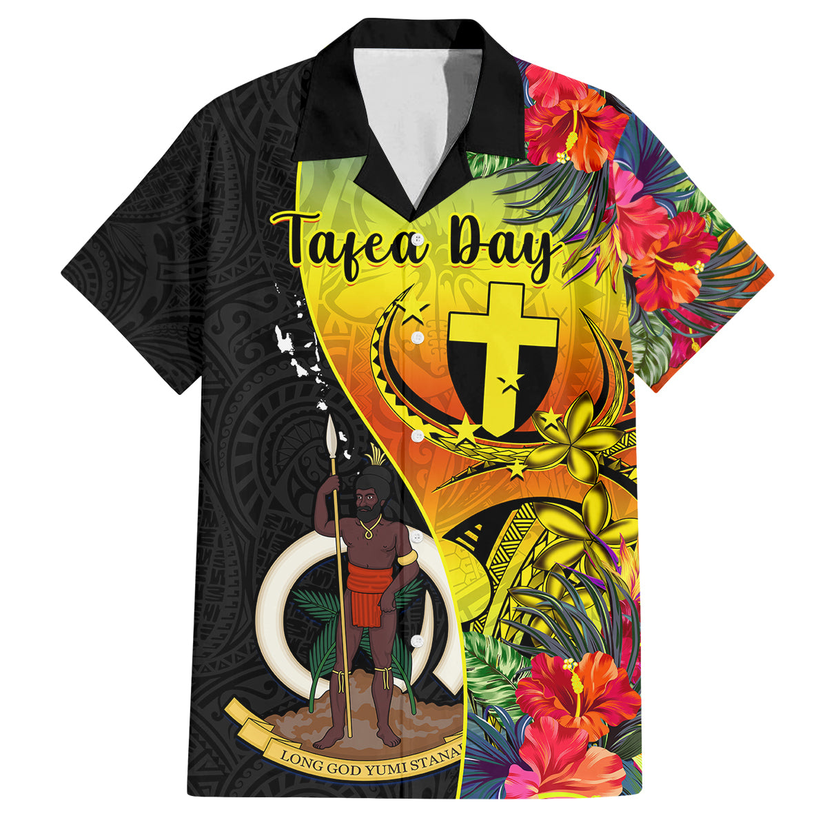 Vanuatu Tafea Day Family Matching Off Shoulder Maxi Dress and Hawaiian Shirt Coat Of Arms Mix Tropical Flowers LT14 Dad's Shirt - Short Sleeve Black - Polynesian Pride